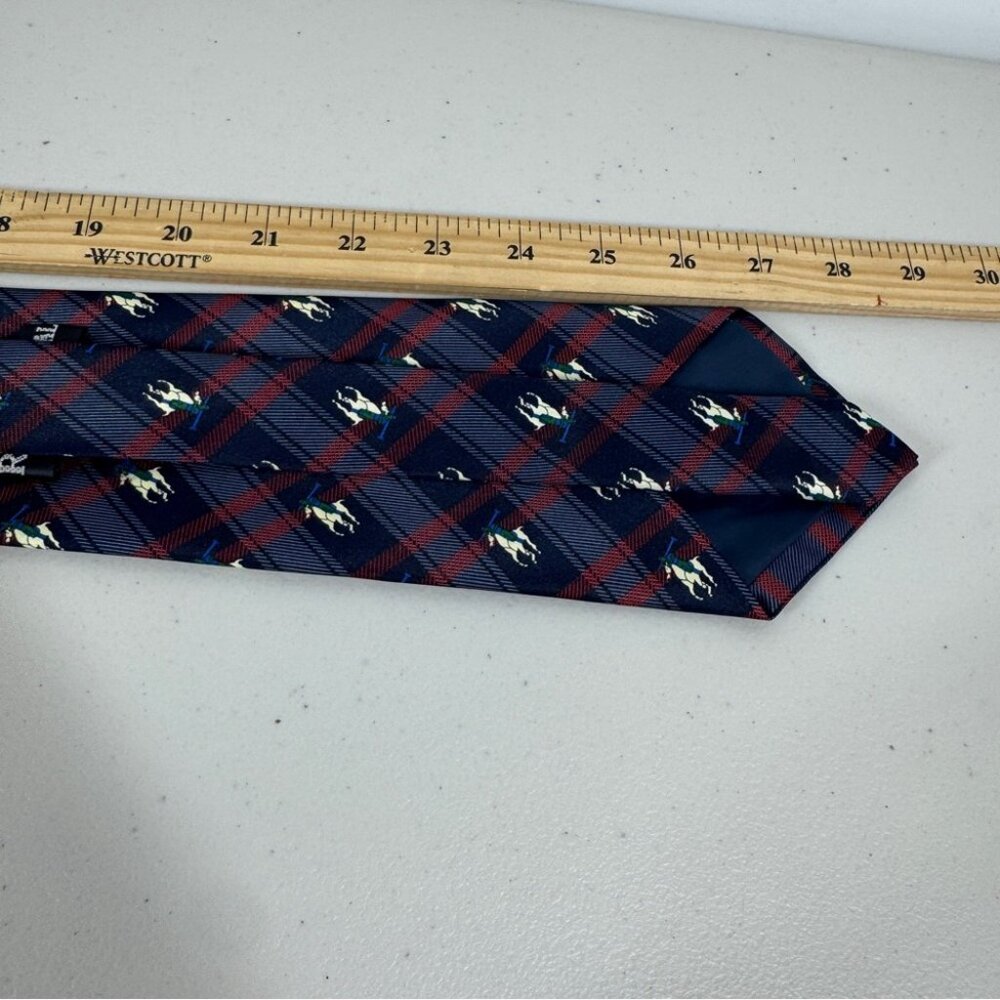 René Chagal Silk Polo Horse Tie Navy Plaid Equestrian Designer Necktie - Picture 12 of 12